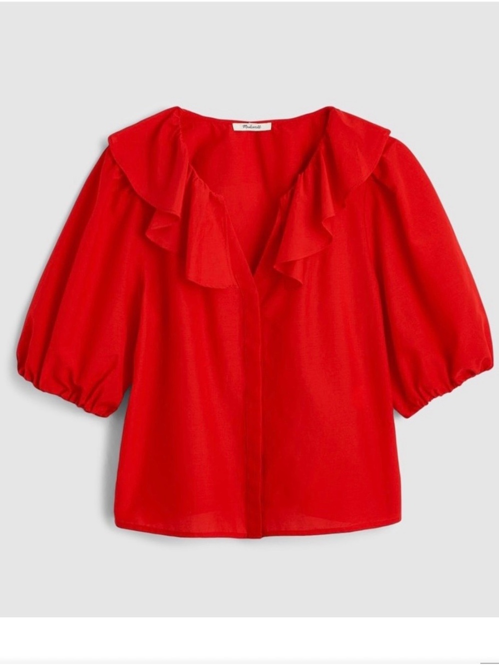 Madewell Red Ruffle-Neck Puff Sleeve Blouse